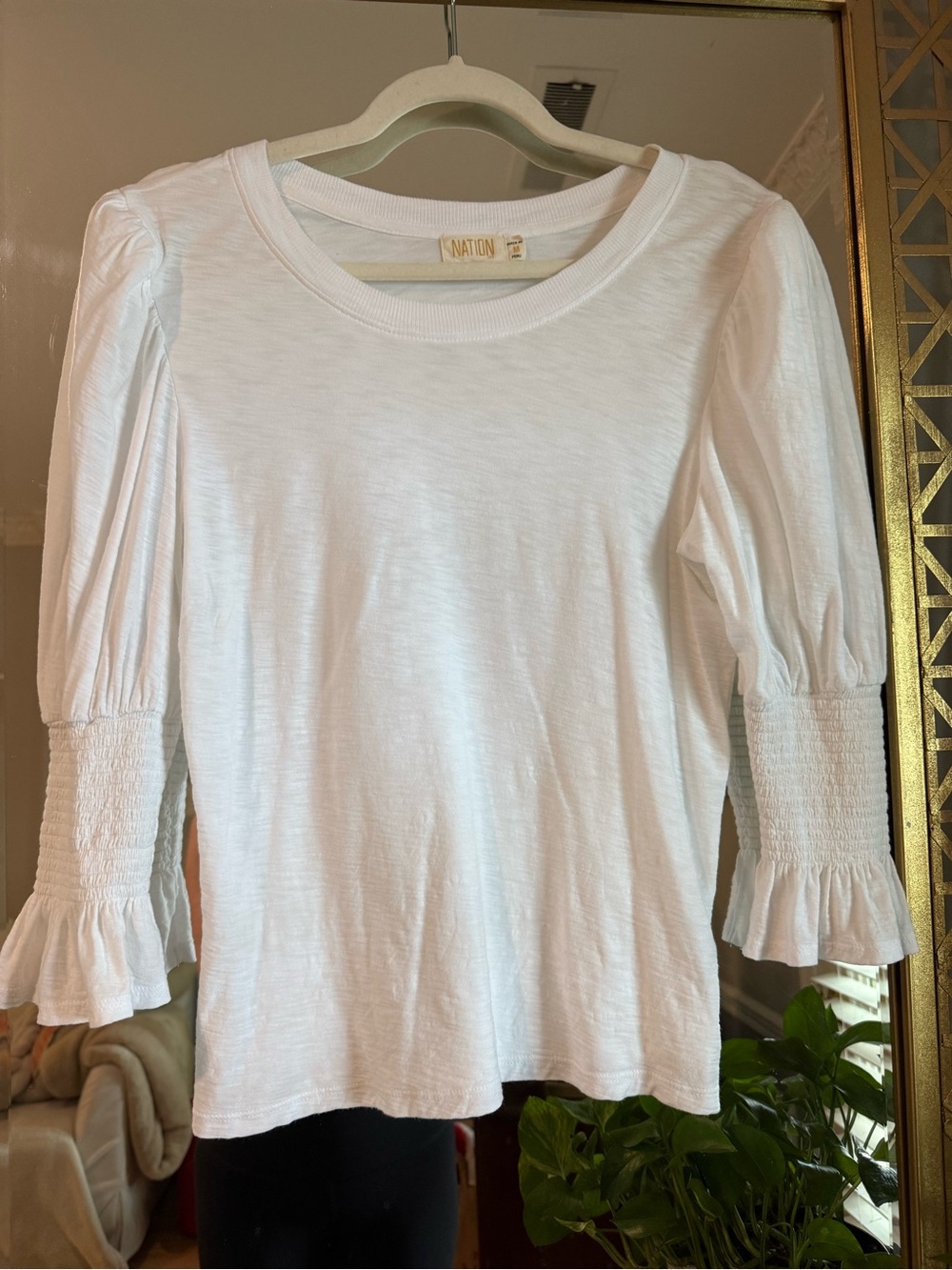 Nation LTD White Pima Cotton Tee with Puff Shoulder and 3/4 Smocked Sleeve Tee